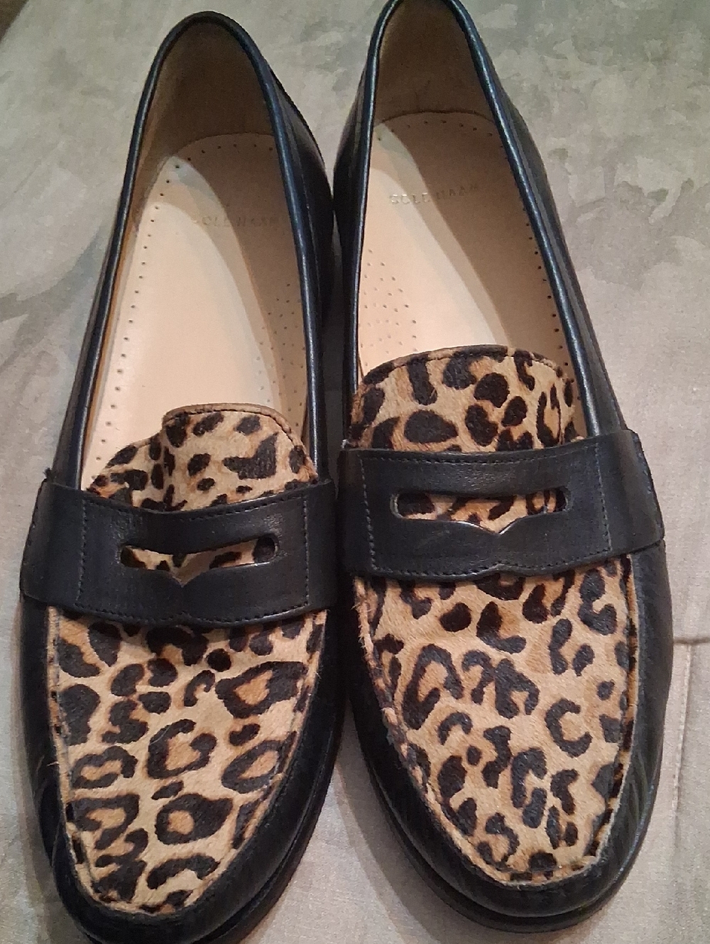 Beautiful Cole Haan Leopard Print Penny Loafers in Black and Tan